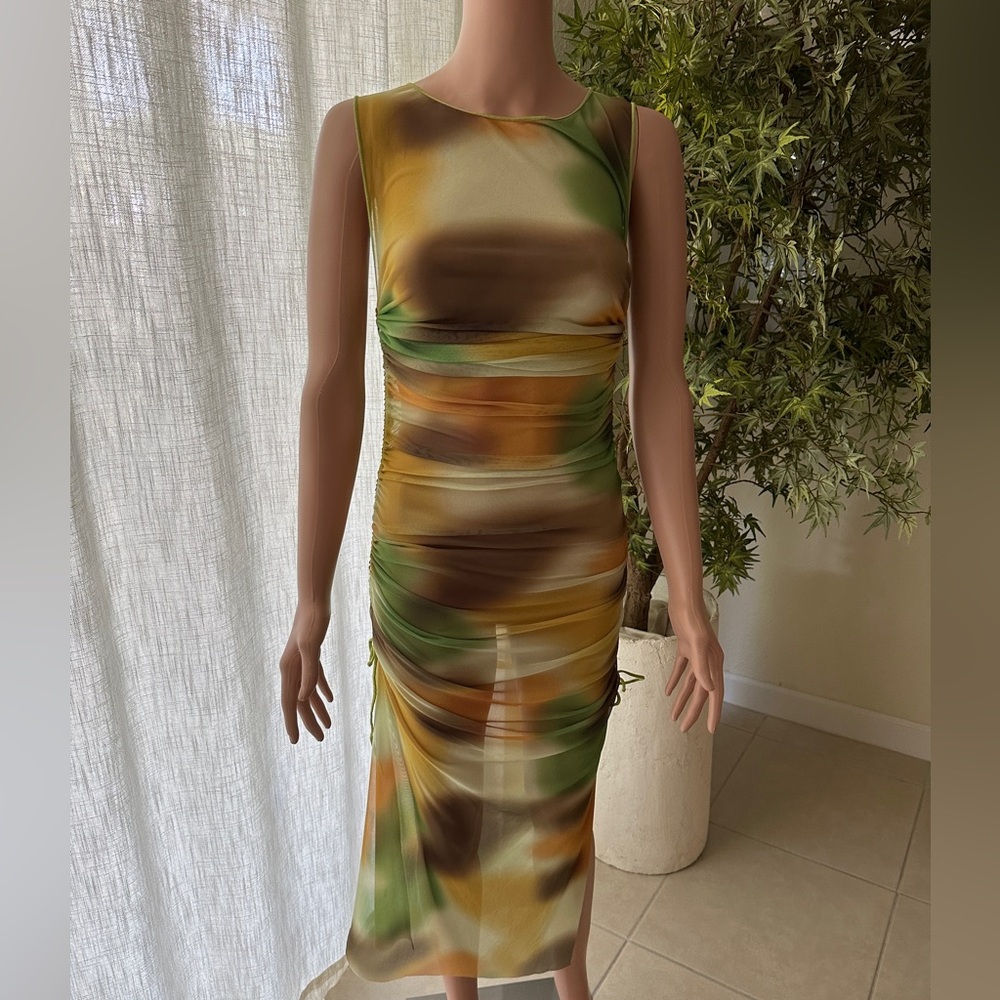 Zara Green and Brown Ruched Sheath Midi Dress